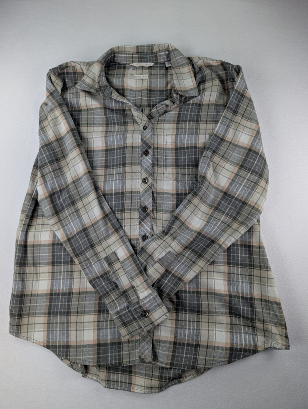 Weatherproof Vintage Womens M Comfort Stretch Plaid Button Down Shirt Gray Beige